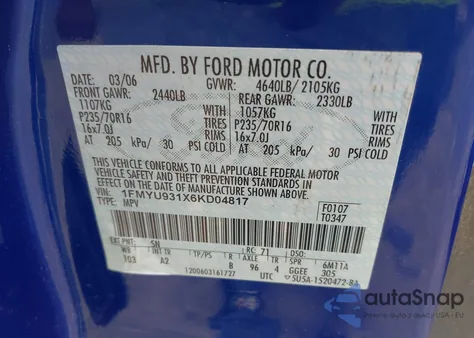 2006 Ford Escape Xlt/Xlt Sport from USA, damaged, VIN 1FMYU931X6KD04817